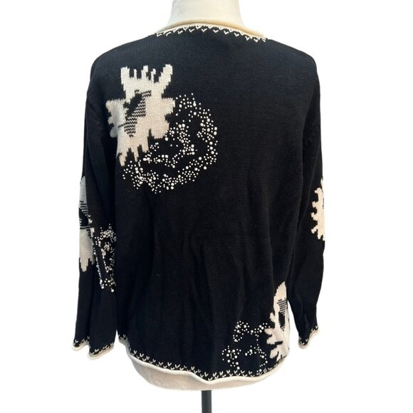 Rare! Vintage Black Floral Beaded Button Front Cotton Cardigan Sweater Size M - Picture 6 of 10